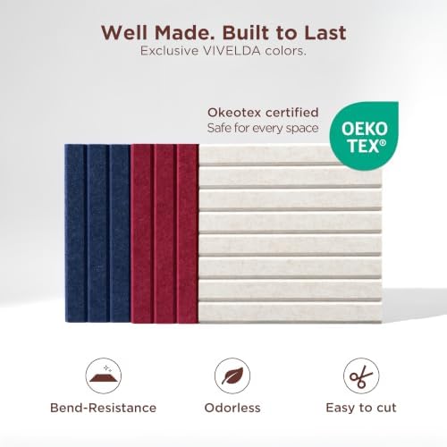 VIVELDA Large Felt Bulletin Board 48 x 36 Inch - 12-Pack Square Acoustic Wall Panels, Cork Board Alternative, NRC 0.95, Damage-Free Adhesive, Slatted Design for Home, Classroom (Sage) - Image 4