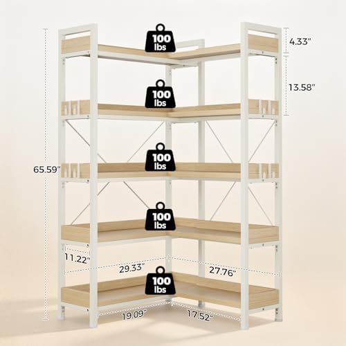 GTPLAYER 5-Tier Corner Bookshelf, L-Shaped Metal Frame Shelf with Tall 14" Shelves, Plant Stand and Storage Rack for Small Spaces, Living Room and Home Office, Light Oak - Image 2