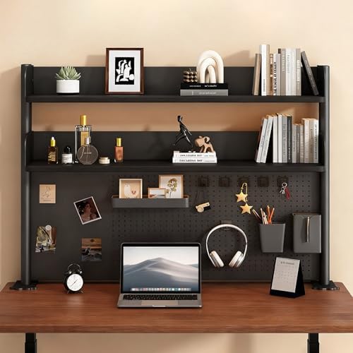 Clamp On Desk Shelf Organizer with Pegboard Desk Hutch Dorm with Storage Bookshelf Desk Top Organizer Shelf Multi-Purpose White & Black Desktop Shelves & Office Shelves (Black, W - 39.4") - Image 3