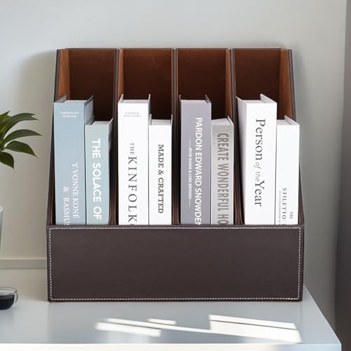 KINGFOM 4-Slot Wood Leather Document Files Holder Rack Stand Desk Files Organizer Papers Collection Cabinet (4 slot brown) - Image 2