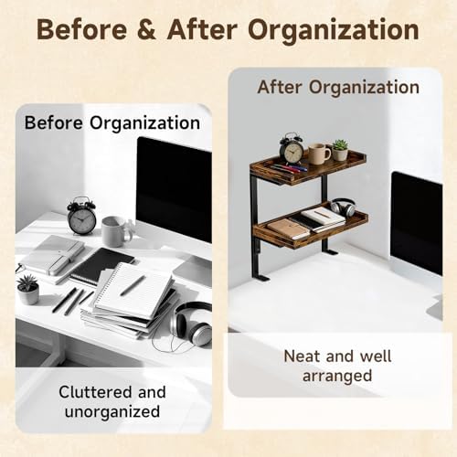 Clamp on Desk Shelf,2-Tier Office Desk Shelves Organizer, Expandable Under Desktop Storage,Wood Desktop Storage Rack for Home Workspace, Study Rooms,Gaming Devices (Brown) - Image 6