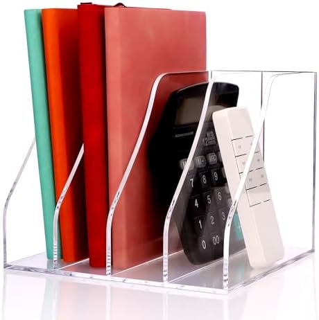 Febwind Clear Acrylic Vertical File Organizer, 4 Compartment Desk Organizer Magazine Holder, Thick Transparent Folder Rack for Documents, Books, Files for Office Home Classroom by Febwind