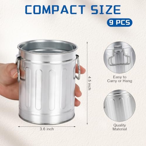 9 Pcs Galvanized Pen Holder, Metal Trash Can, with Side Handles - Image 2