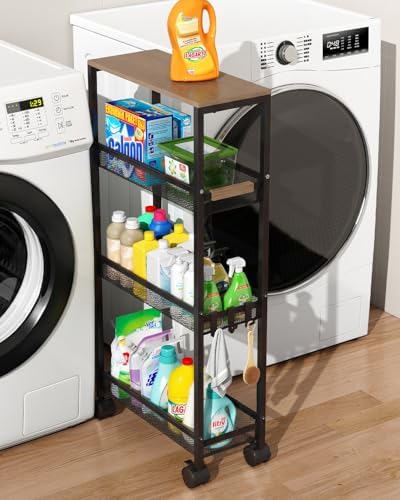 4-Tier Slim Utility Rolling Laundry Cart with Wheels, Black by TIPGO