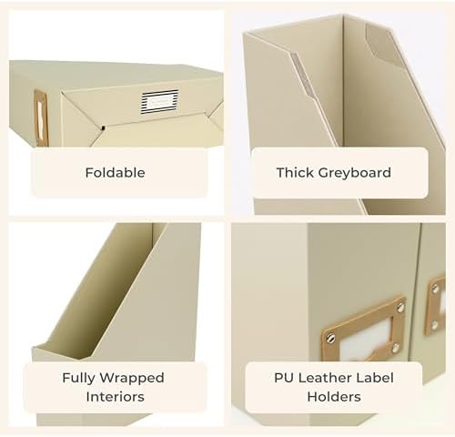 BLU MONACO | Cardboard Magazine File Holder Set of 6 | Vertical Magazine File Holder with Label Slots | Beige Linen Foldable File Organizers for Desk Shelf Office - Image 7