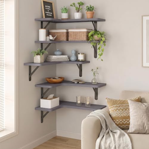 Fixwal Conner Shelves Wall Mounted for Decor, Grey, Set of 5 - Image 2