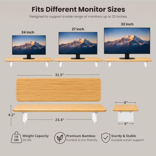 Bamboo Monitor Riser, Wide Desktop Monitor Stand for Desk with Clear Acrylic Legs, 31.5 x 8inch Bamboo Wood Shelf, Fit Keyboard, Home Office Workspace Accessories, Study Stationaries Storage (Natural) - Image 2