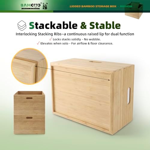 BAMOTTO CRAFTBAMBOO Stackable Bamboo Storage Bin with Lid 14.6"x10.2"x6.5" - Image 3