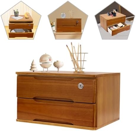 Wood Desk Organizer with 2 Drawers, Lockable Desktop Countertop Storage Cabinet for Home Office Supplies File Tabletop Organizing Unit (Brown) - Image 5