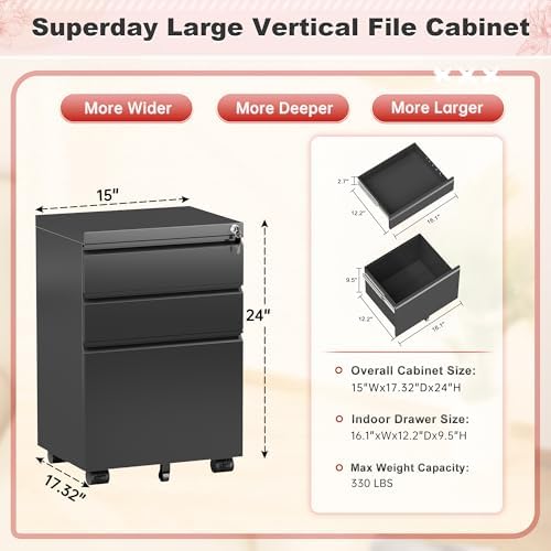 Superday Black File Cabinet 3 Drawer, Fully Assemble Metal Rolling Vertical Filing Cabinet with Wheels, Small Under Desk File Cabinets for Home Office - Image 3
