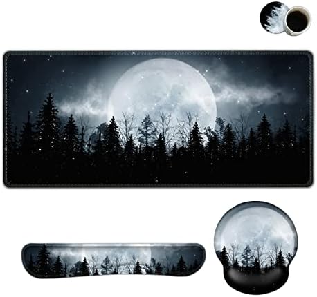 ARTSO Large Mouse Pad Ergonomic Keyboard Wrist Rest Support, Memory Foam Extended Desk Mat Protector, Non-Slip Desk Blotter for Office, Home, Night Moon Forest by Artso