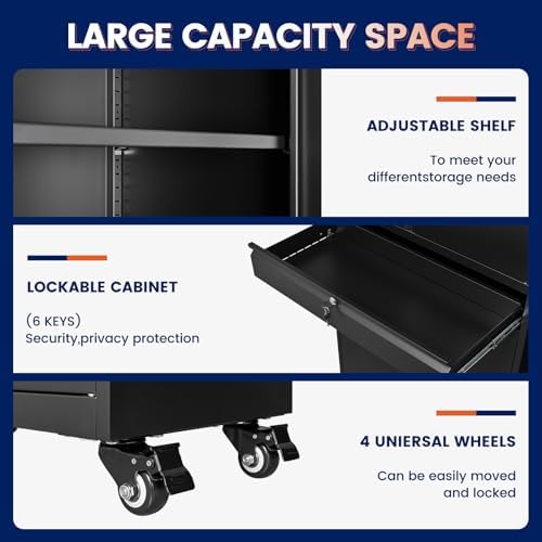 Yizosh Metal Garage Storage Cabinet with Locking Doors and Adjustable Shelves, 73" Rolling Tool Storage Cabinet with 4 Wheels and 1 Drawer for Garage,Warehouse (Black) - Image 4