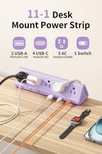 AnnTane Desk Clamp Power Strip USBC, 40W Fast Charging, 6.5 Ft, Purple - Image 3