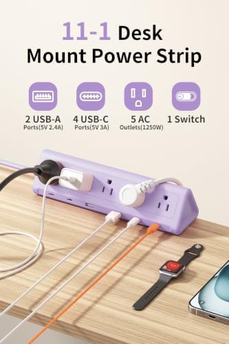 AnnTane Desk Clamp Power Strip USBC, 40W Fast Charging, 6.5 Ft, Purple - Image 3