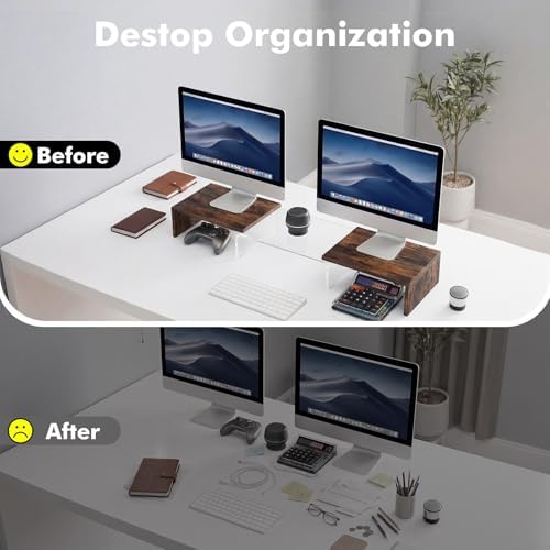 Dual Monitor Riser, Acrylic Monitor Riser with Keyboard Storage, Adjustable Angle & Length Computer Monitor Stand, Wide Desk Shelf for Top of Desk for Home Office_Wood Look - Image 6