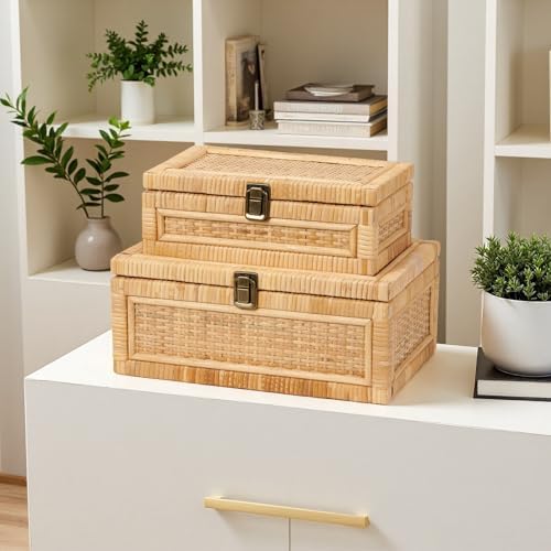 2PCS Rattan Box with Lid Decorative Natural Handmade Boho Basket - Image 6