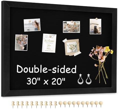 Double-Sided Wood Framed Cork Board with Linen, 30" x 20"（Black） by AMUSIGHT