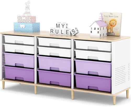TOOLF 12 Drawers Storage Cabinet with Wooden Top and Plastic Bins,Purple by TOOLF