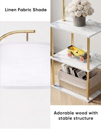 PARTPHONER Floor Lamp with Table, Night Stand with Lamp, Narrow Side Table with 3CCT LED Bulb, Small Coffee Table, Modern End Table with Storage Shelves for Living Room, Marble White and Gold Poles - Image 2