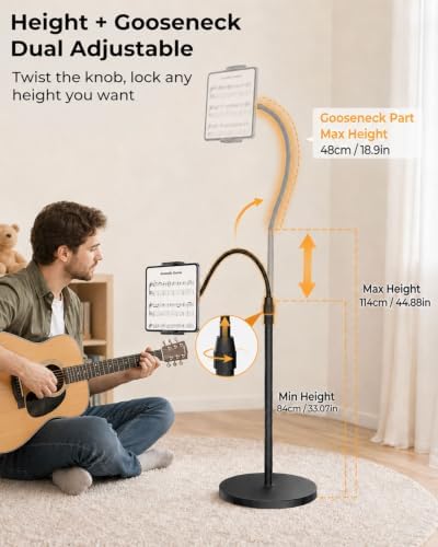 Tablet Floor Stand with Heavy Base Height Adjustable Gooseneck Tablet Holder for 4.7-13" Devices Compatible with iPad/Samsung Galaxy Tab/Kindle/Phones/Switch Overhead Bed Phone Stand with Cable Ties - Image 3