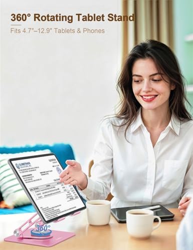 Aoviho Rotating Tablet Stand for Desk - [Adjustable] Drawing Stand for iPad, Portable Aluminum Desktop Holder, Compatible with 4.7–12.9 inch Devices (Pink) - Image 2