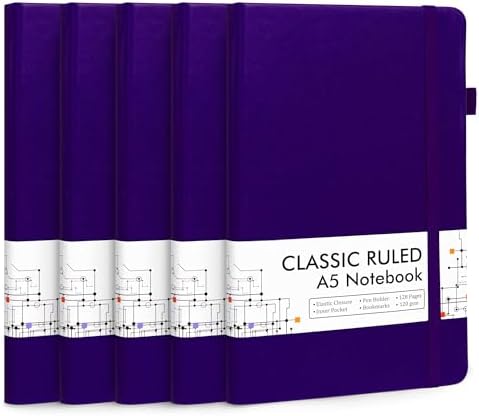 feela 5 Pack Journal Notebook Bulk for School, Hardcover Business Notebooks Classic Ruled Lined Journals with Pen Holder for Work Note Taking, with 5 Black Pens, 120 GSM, 5.1”x8.3”, A5, Purple by feela