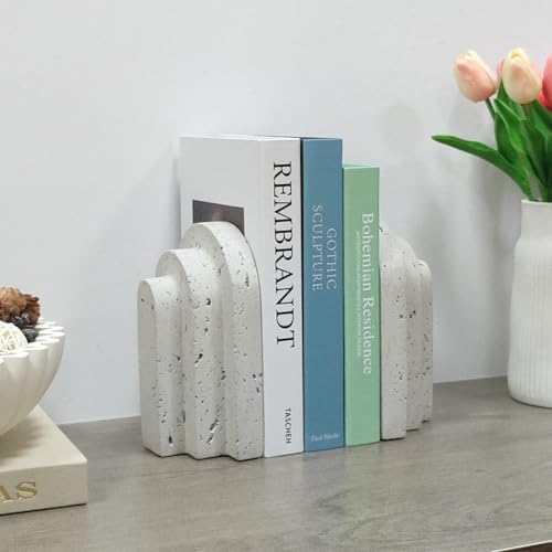 Decorative Book Ends for Shelves - Boho Aesthetic Bookends Decor - Heavy Duty Travertine Book Stopper Holder for Home Office Desk Coffee Table (Grey) - Image 7