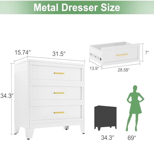 Ckzbx Metal Dresser Under Desk Metal Filing Cabinets, 34.25" H Drawer Chests of Drawers for Office, Garage (3 Drawers White 31.5inch Wide) - Image 3