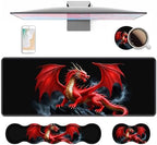 4 in 1 Ergonomic Keyboard Wrist Rest & Mouse Pad Wrist Rest Set, Large XXL Gaming Desk Mat 31.5"x 11.8" with Non-Slip Base, Memory Foam for Home Office Study Gaming, Red Dragon by Unknown