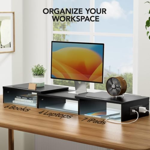 HUANUO Dual Monitor Stand with USB Ports, Adjustable Length & Angle, Black - Image 6