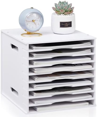 Juexica 9 Tier 8.5" x 11" Scrapbook Paper Organizer, White Cardstock File Organizer with Adjustable Shelves, Stackable Paper Trays, Desktop Storage Rack Document Holder for Desk Home Office by Juexica