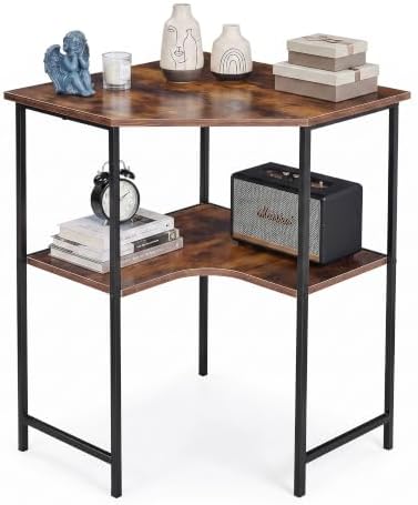 VECELO Small Corner Computer Desk 33 x 30 inches with Storage Shelves for Small Spaces,Triangular Shape,Brown by VECELO