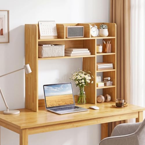 Tangkula Desktop Bookshelf with LED Lights, Desk Hutch with 8 Shelves for Max 25" Monitor, Desktop 5-Tier Display Rack, Wood Desktop Storage Hutch Organizer for Dorm Office Home, Burlywood - Image 2