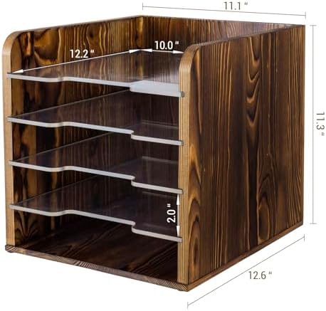 MyGift 5 Tier Deluxe Rustic Solid Wood Desktop File Letter Folder Holder Storage Bin with Removable Clear Acrylic Trays - Image 5