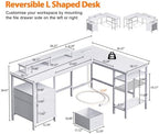 Furologee White 59” L Shaped Desk with Power Outlet, Reversible Computer Desk with File Drawer & 2 Monitor Stands, Corner Home Office Table with Storage Shelves for Gaming Writing - Image 3