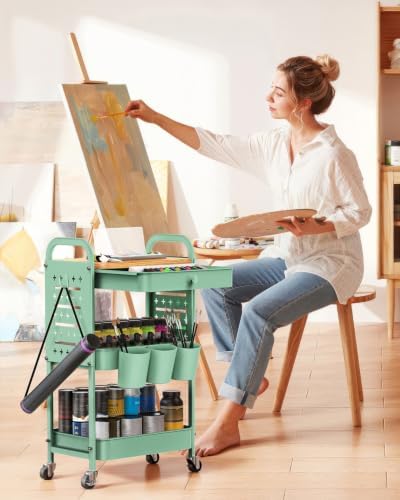 ALVOROG 3 Tier Metal Rolling Cart with Drawer,Wood Top,Pegboards,Green - Image 4