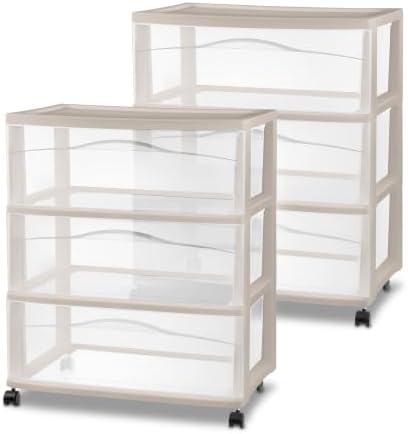 Sterilite Wide 3-Drawer Cart with Wheels, Grey, 2-Pack by Sterilite