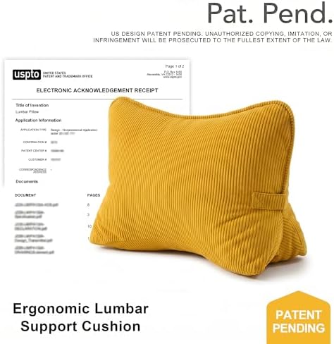 Pat. Pend. Corduroy Reading Back Pillow with Lumbar Support, Triangle Backrest Cushion for Bed Sitting & Relaxing, Support Pillow for Sofa or Headboard, Bright Yellow - Image 2