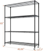 4 Tier Storage Racks Shelving, Heavy Steel Pantry Shelves, Adjustable Wire Shelving Rack with Wheels, Suitable for Garage, Kitchen, Bathroom, Office, 46" W x 18" D x 65" H, Black - Image 3