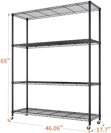 4 Tier Storage Racks Shelving, Heavy Steel Pantry Shelves, Adjustable Wire Shelving Rack with Wheels, Suitable for Garage, Kitchen, Bathroom, Office, 46" W x 18" D x 65" H, Black - Image 3