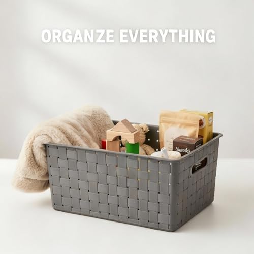 Bekith 9 Pack Woven Plastic Storage Basket, Organizing Pantry Storage Bins for Toys, Accessories, Bedroom, Classrooms, Office, School, 9.8" L x 7" W x 4.4" H, Grey - Image 5