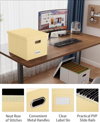 Oterri 2 Pack File Storage Organizer Box, Portable Document Box with Lid,Fit for Letter/Legal File Folder Storage,Cream-yellow(Leather) - Image 3