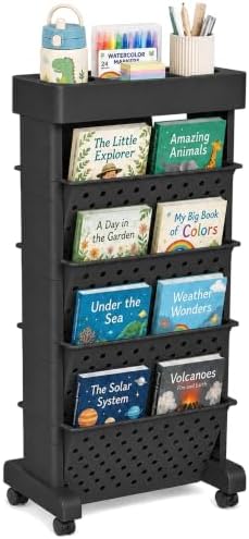 5-Tier Rolling Bookshelf Cart with Wheels, Black by yeavs