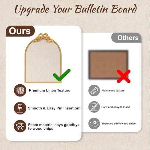 Vintage Arched Linen Cork Board with Gold Bow, 16"x21" Pin Board for Wall - Image 4