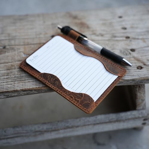 Distressed Genuine Leather Note Index Card Holder Slim Pocket Sleeve 3 x 5 Cover for Travel Minimalist Sleeve 3" x 5" (12.7cm x 7.6cm) Vertical Note Card Case Flower Brown - Image 3