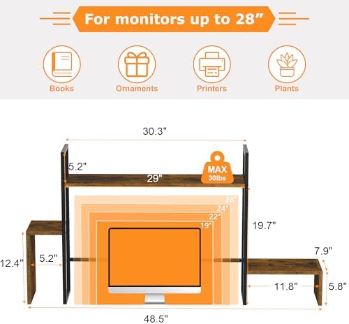 WelFurGeer LED Desk Shelf Organizer with RGB Light Strip, 2-Tier Desktop Shelf for Computer Monitor, Sturdy Metal Frame & Wood Shelves - Desk Hutch Bookshelf for Home Office, Dorm, Gaming (Brown) - Image 3