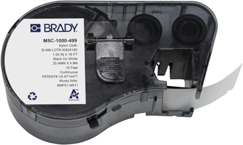 Brady Nylon Cloth Label Tape for Label Printer BMP51/BMP53/M511 - Self Adhesive Nylon Fabric Tape - Waterproof Tape Printer Labels - Black on White (25.40mm x 4.88m) - M5C-1000-499 by BradyCorp
