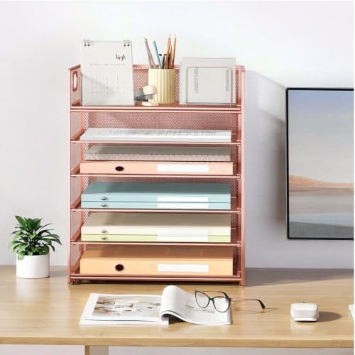 6 Tier Paper Organizer with Handle,Construction Teacher Desk Decor,Rose Gold - Image 3