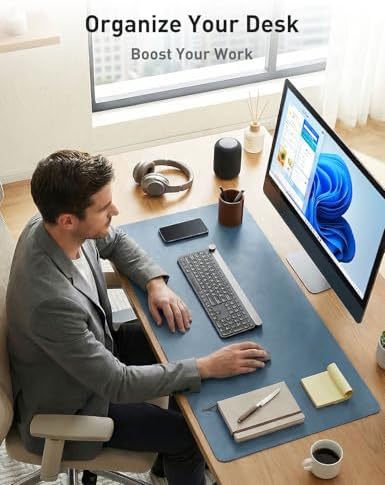 Aothia Faux Leather Desk Mat - Non-Slip PU Leather Desk Blotter, Waterproof Writing Surface, Large Desk Pad for Office & Home (Denim Blue, 55" x 24") - Image 4