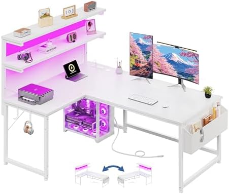 DurayLoly White L Shaped Desk with LED Light & 5 Power Outlet for Gaming by Durayloly
